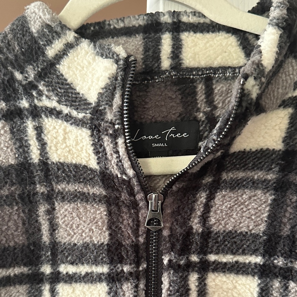 Love Tree Black and Cream Plaid Faux Fleece Quarter Zip - Picture 2 of 4